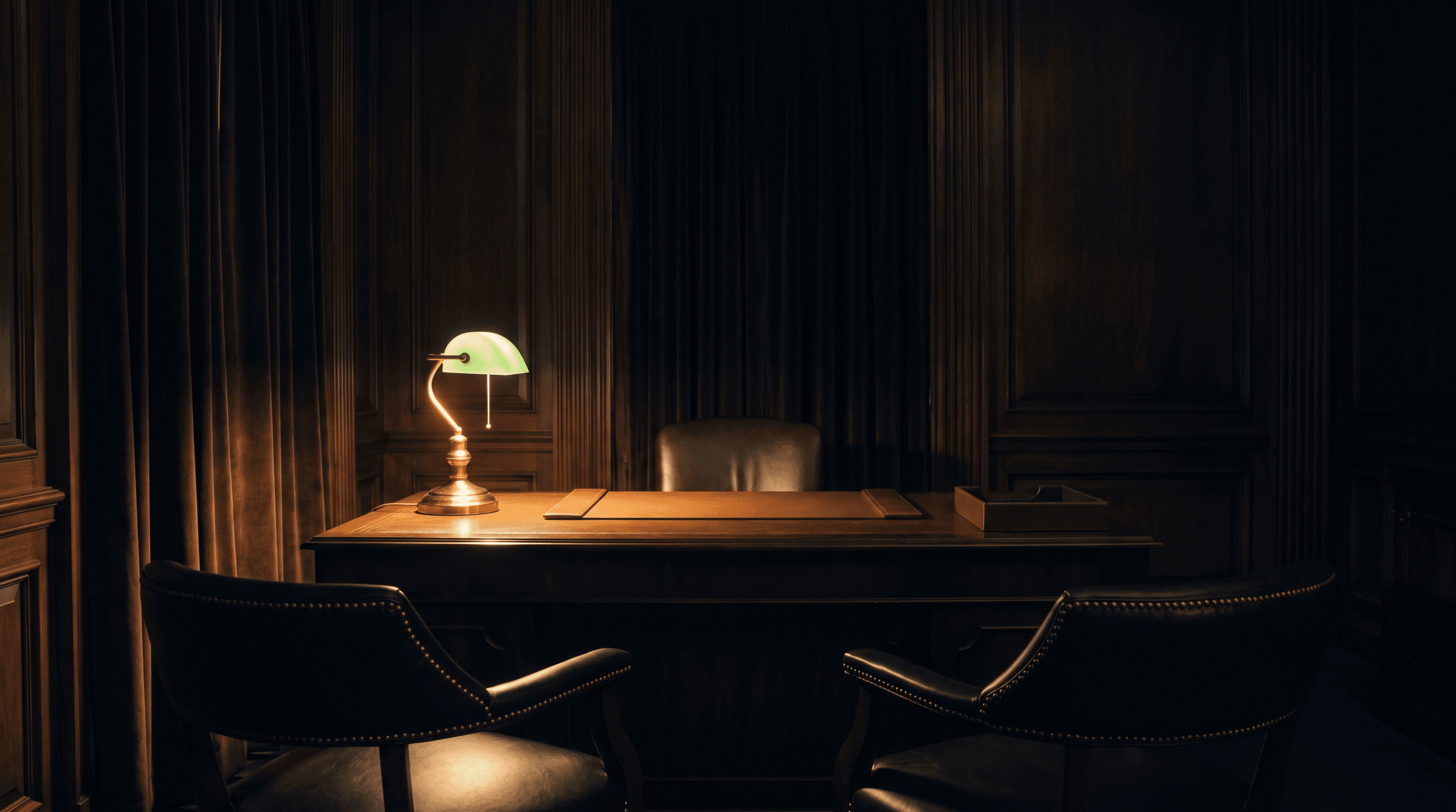 A quiet advisor's office: a dark wood desk, two client chairs, one warm lamp